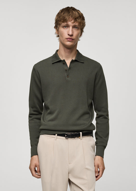 LONG-SLEEVED COTTON KNIT-POLO SWEATER